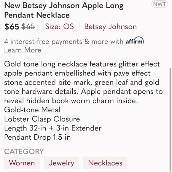 New Betsey Johnson glitter red apple and bookworm long necklace - Picture 4 of 6